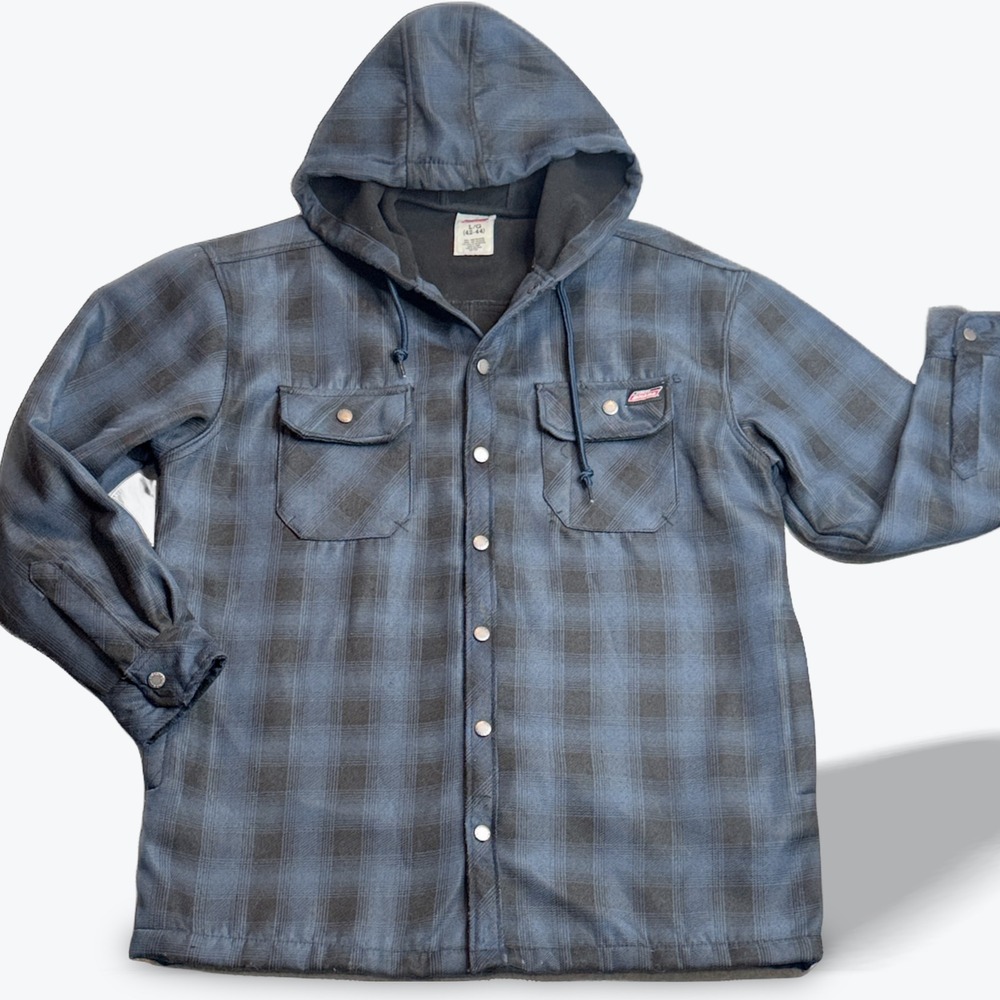 Dickies Mens Flannel Jacket With‎ Hood Heavy Duty Work Wear Snap Front Large